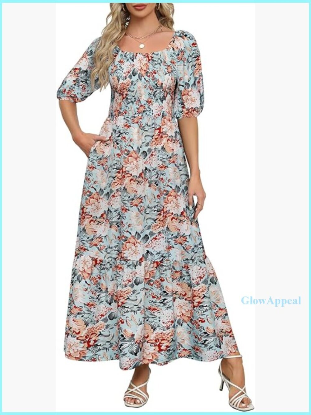 Summer Boho Maxi Dress Puff Sleeve Square Neck A-Line Tiered Ruffle